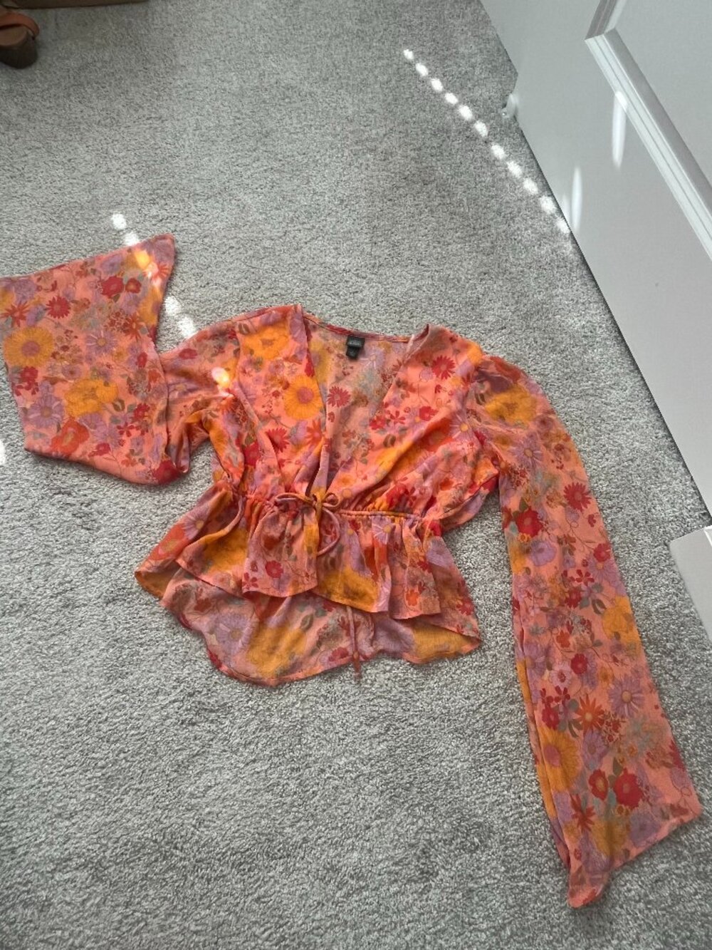 Floral Tie Front Blouse Orange Pink Bell Sleeve Boho Crop Top